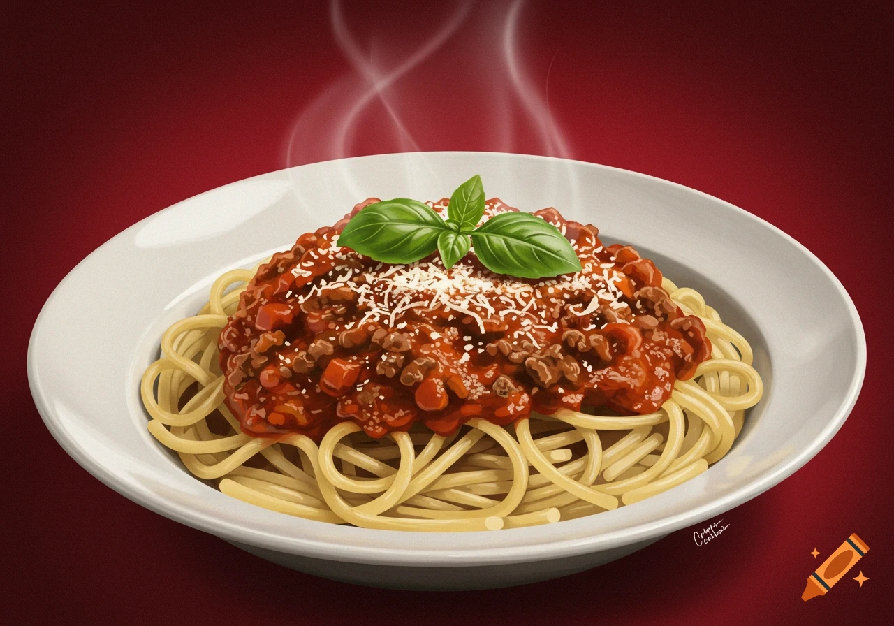 Spaghetti bolognese with cheese and basil on a white plate