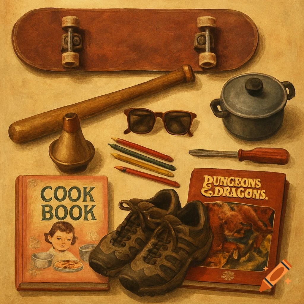 Still life painting of a skateboard, books, shoes, sunglasses, and other objects.