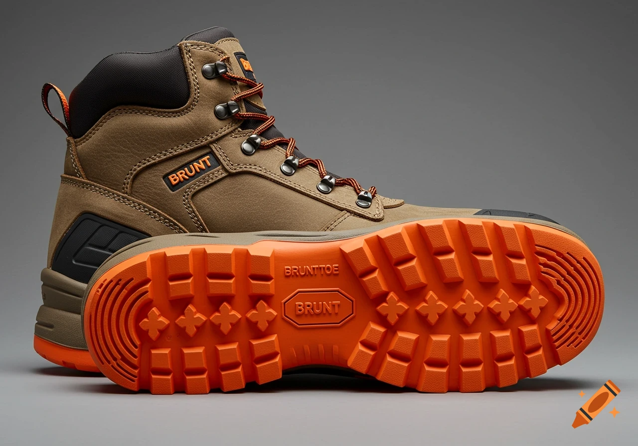 A tan work boot with an orange sole on a grey background.