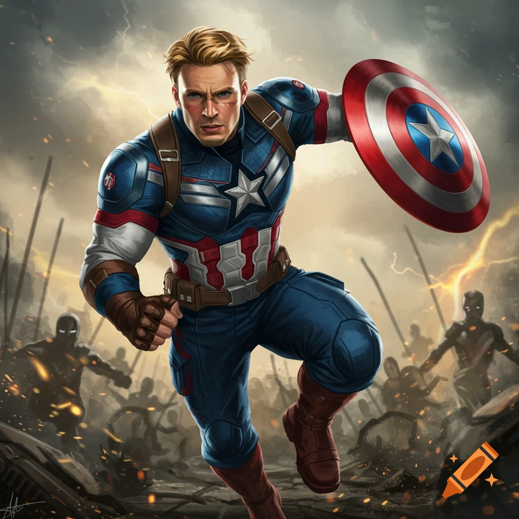 Captain America runs into battle holding his shield in a digital painting.
