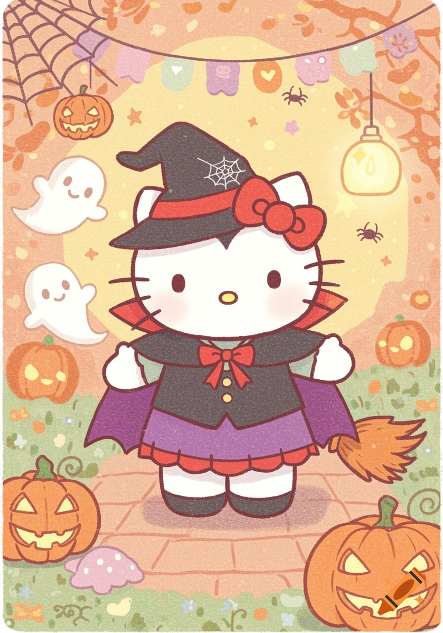 Cute illustration of Hello Kitty in a witch costume with pumpkins and ghosts.