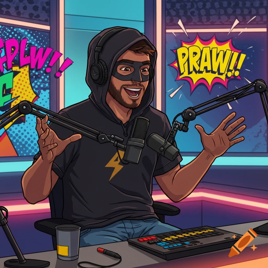 Cartoon of a masked podcaster in a studio with microphones and a mixing board.