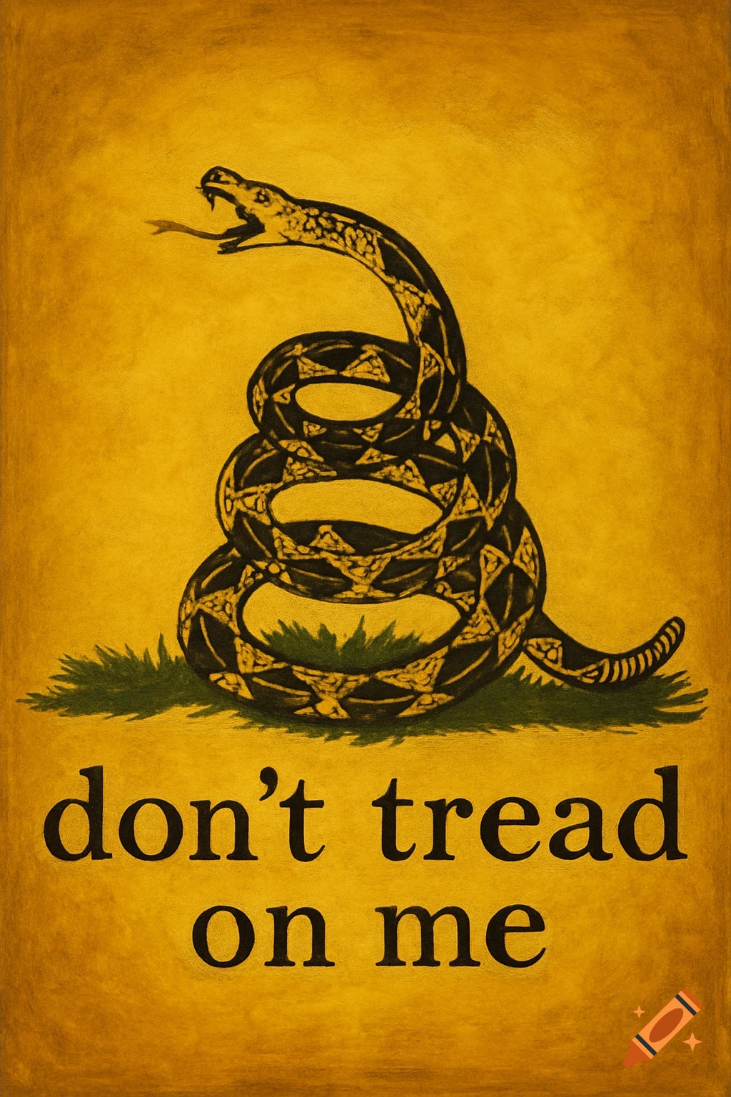 A coiled rattlesnake above the text "don't tread on me" on a textured yellow background.