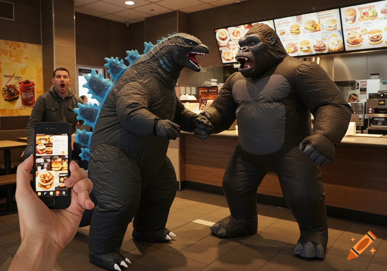 Two people in inflatable Godzilla and King Kong costumes shake hands in a fast food restaurant while a person films on a phone.