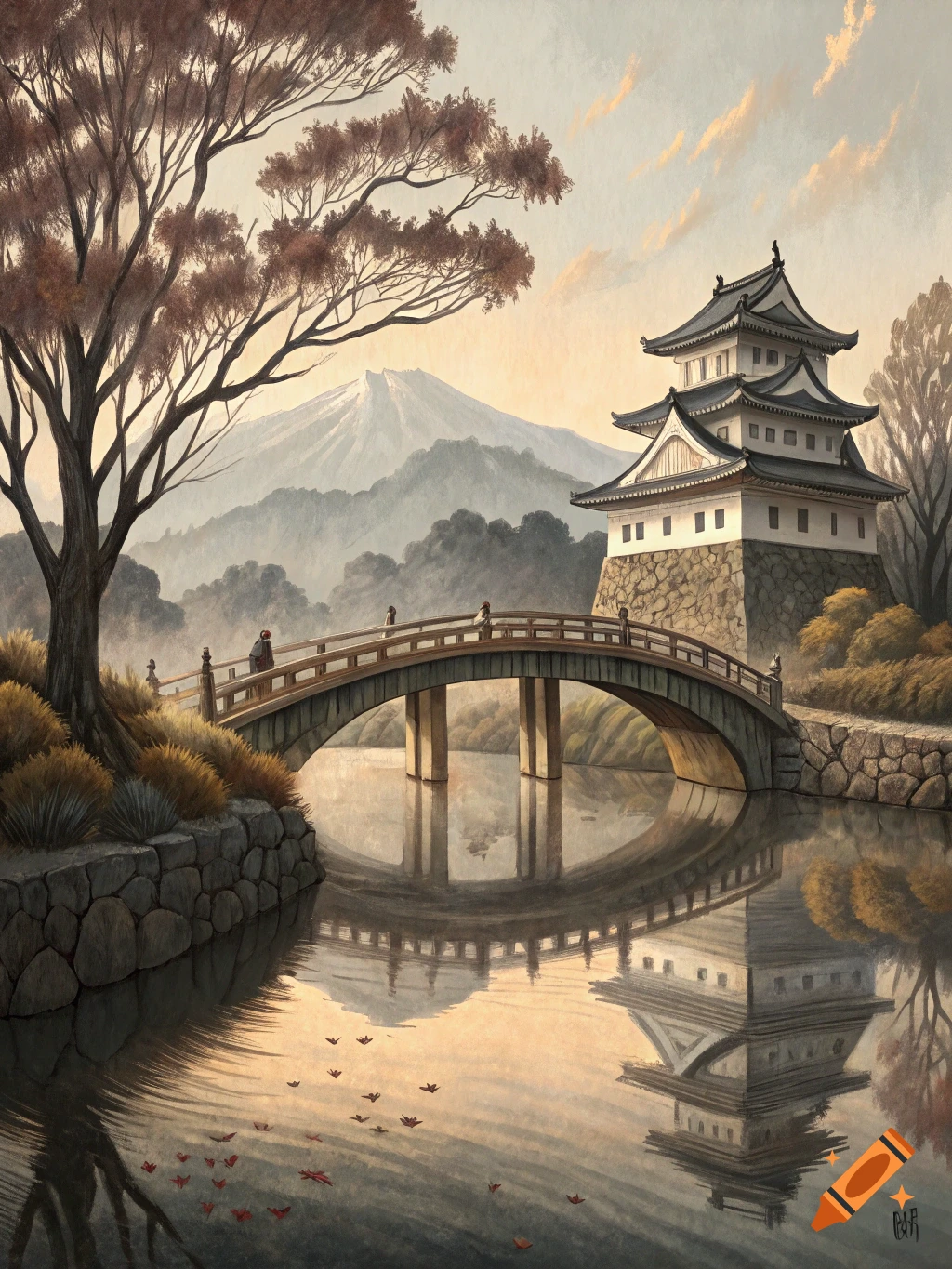 A painterly landscape of a Japanese castle by a river with a bridge and mountains.