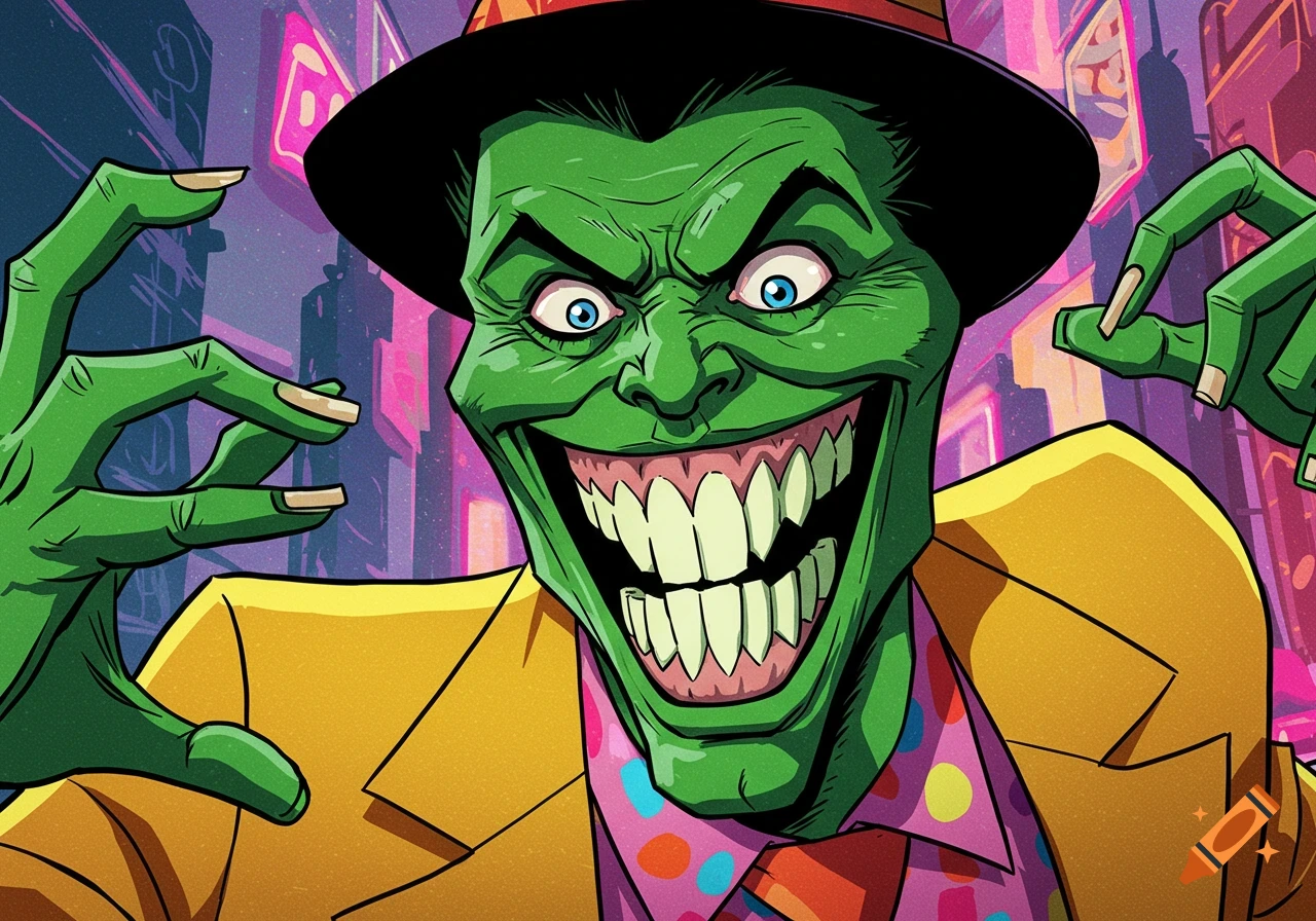 Stylized comic book portrait of The Mask character grinning with wide eyes and hands raised.