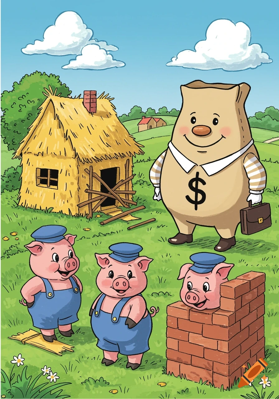 Cartoon of three pigs, a straw house, and a money bag realtor character with a dollar sign in a field.