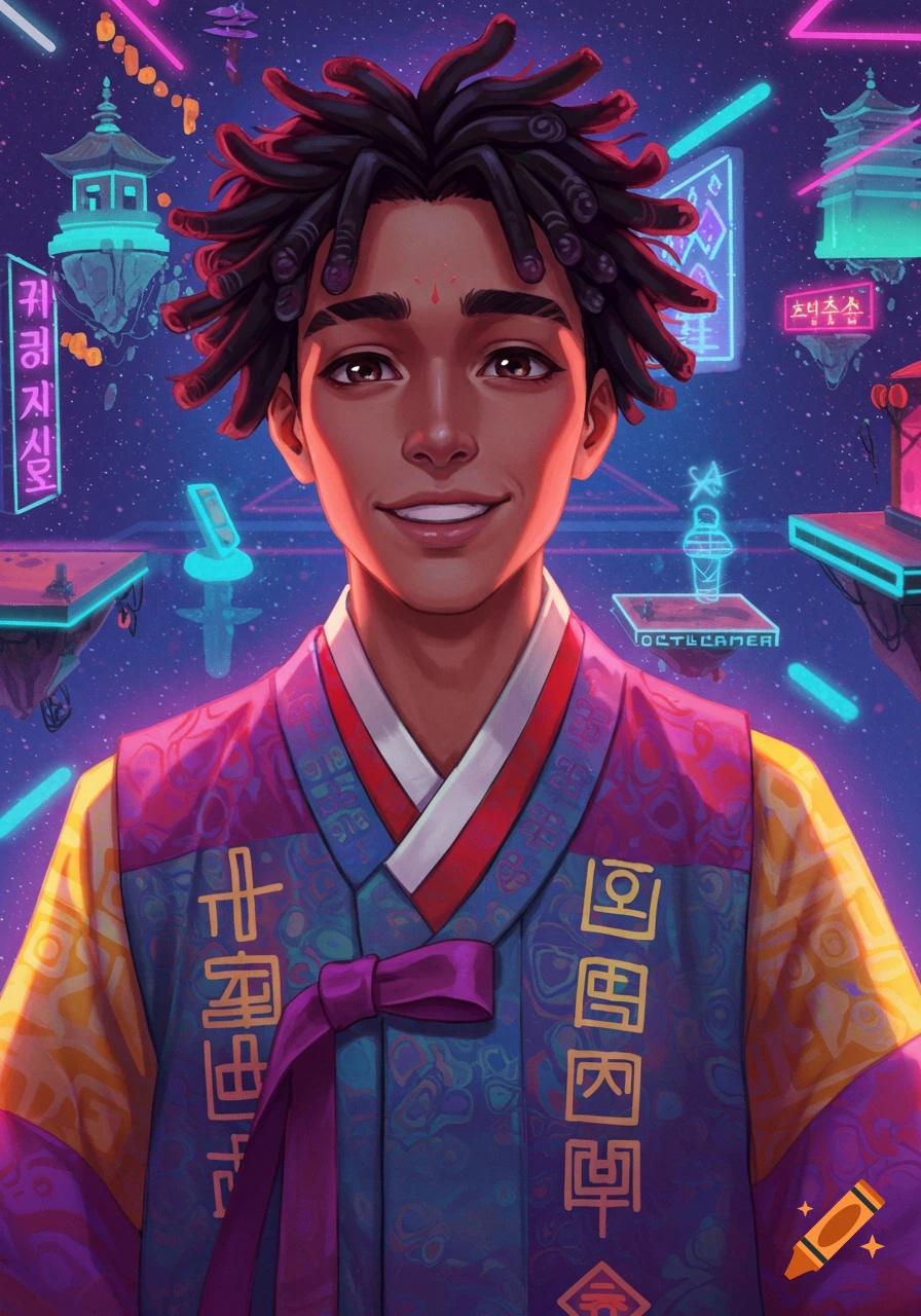 A young man wearing a colorful hanbok in a futuristic city with floating structures and neon signs.