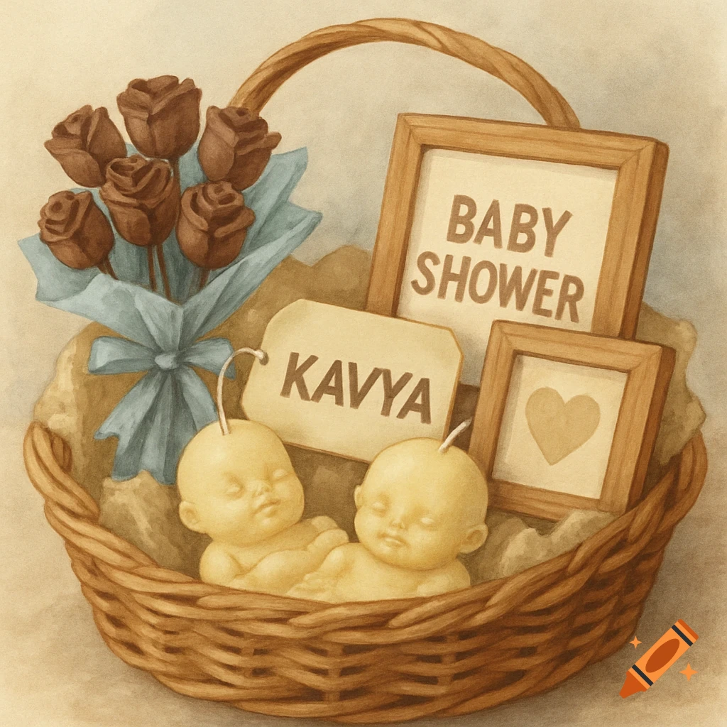 An illustration of a baby shower gift basket with chocolate roses, baby candles, and frames saying 'Baby Shower' and 'Kavya'.