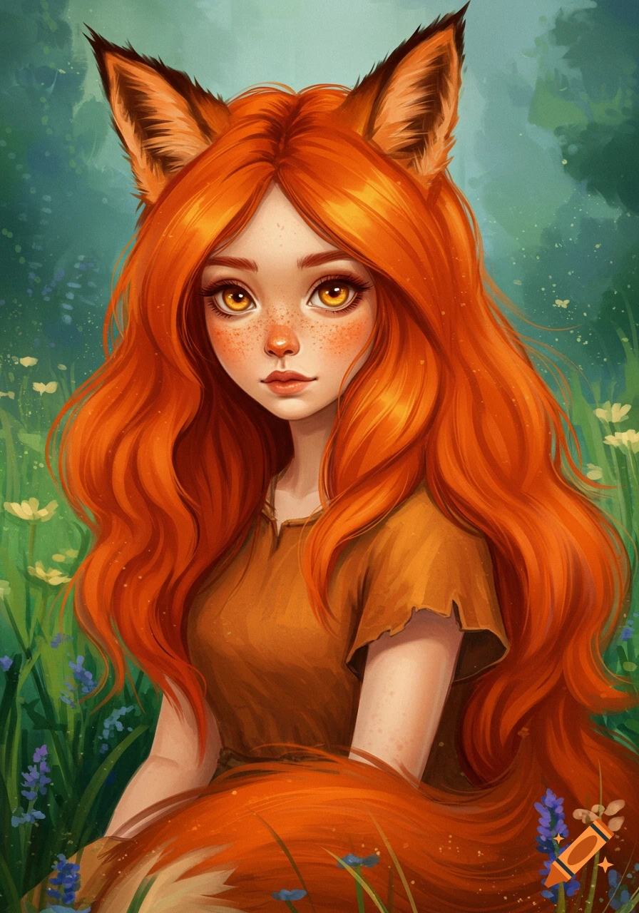 Illustration of a fantasy girl with orange hair, fox ears, and tail in a flowery field.