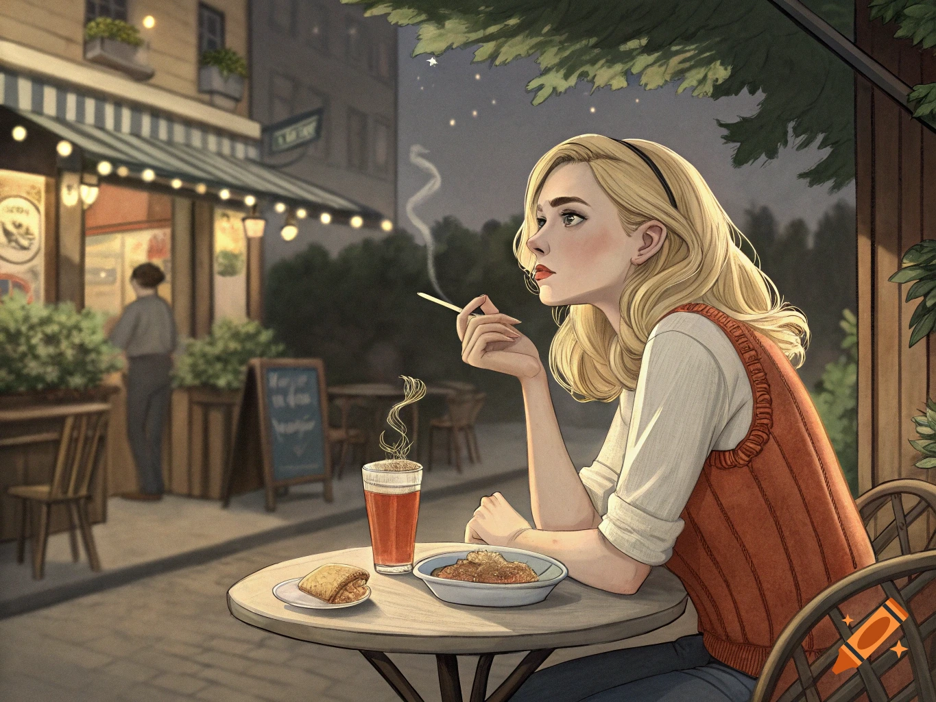 Illustrated portrait of a blonde woman smoking at an outdoor cafe table with food and a drink.