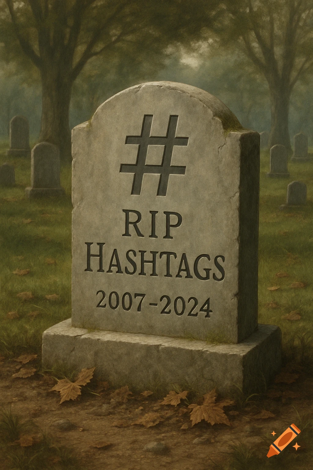 Painted scene of a gravestone in a cemetery with '# RIP HASHTAGS 2007-2024' engraved.