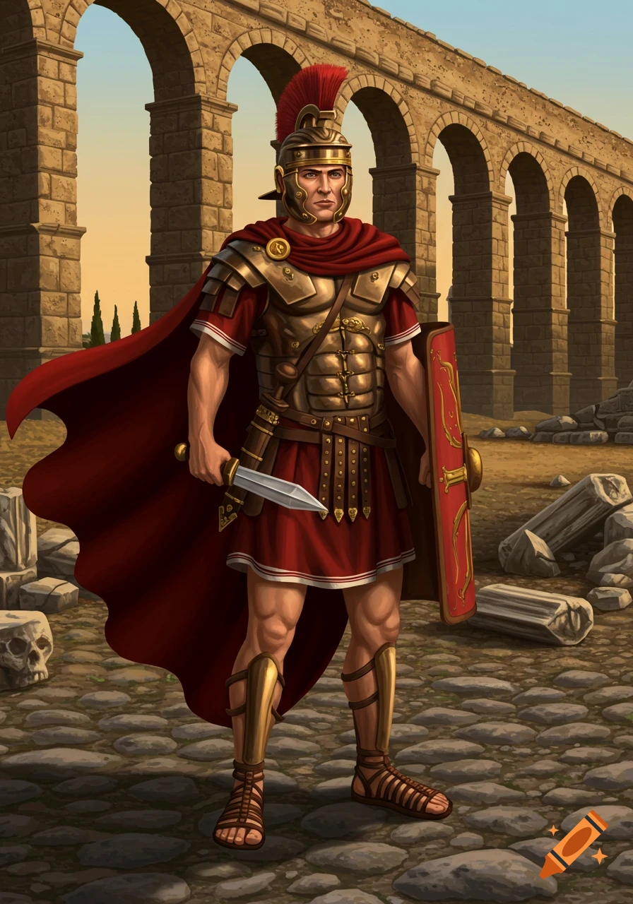 A Roman soldier in armor stands with a sword and shield in front of an ancient aqueduct ruin.