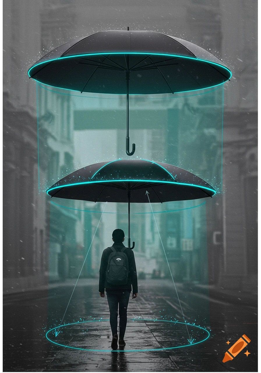 Person walks in the rain under futuristic glowing umbrellas in an urban setting
