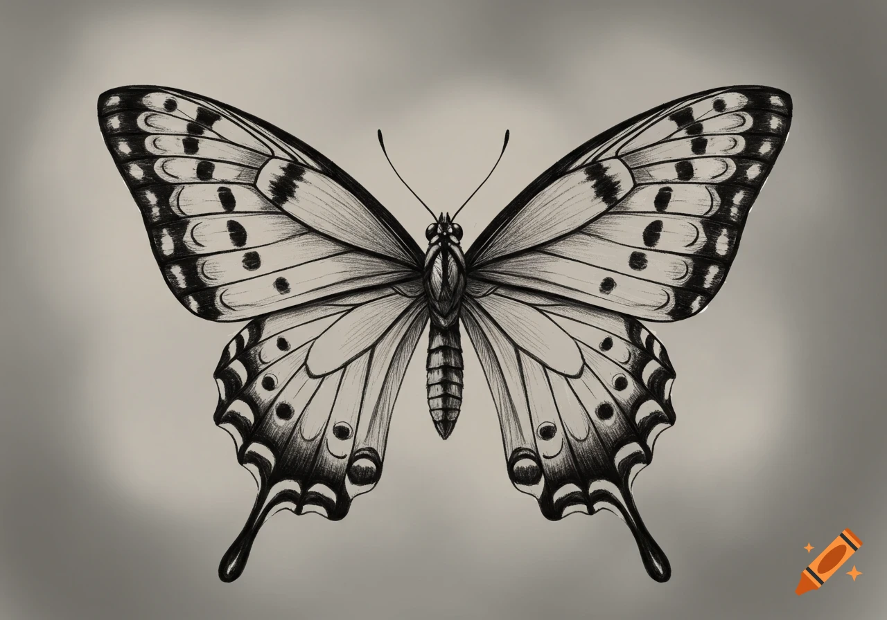 Black and white drawing of a butterfly