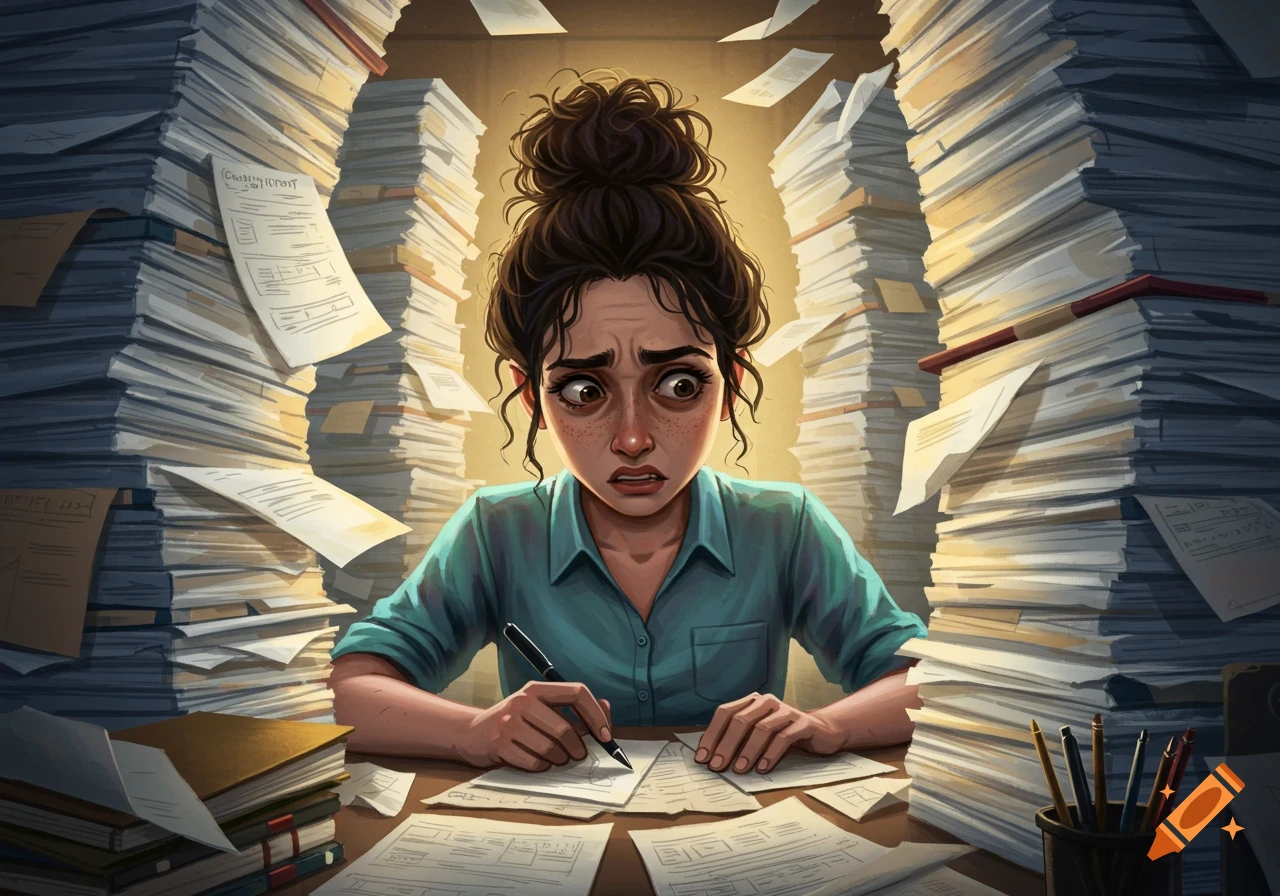 A stressed woman writes at a desk overwhelmed by towering stacks of paper, in an illustrative style.