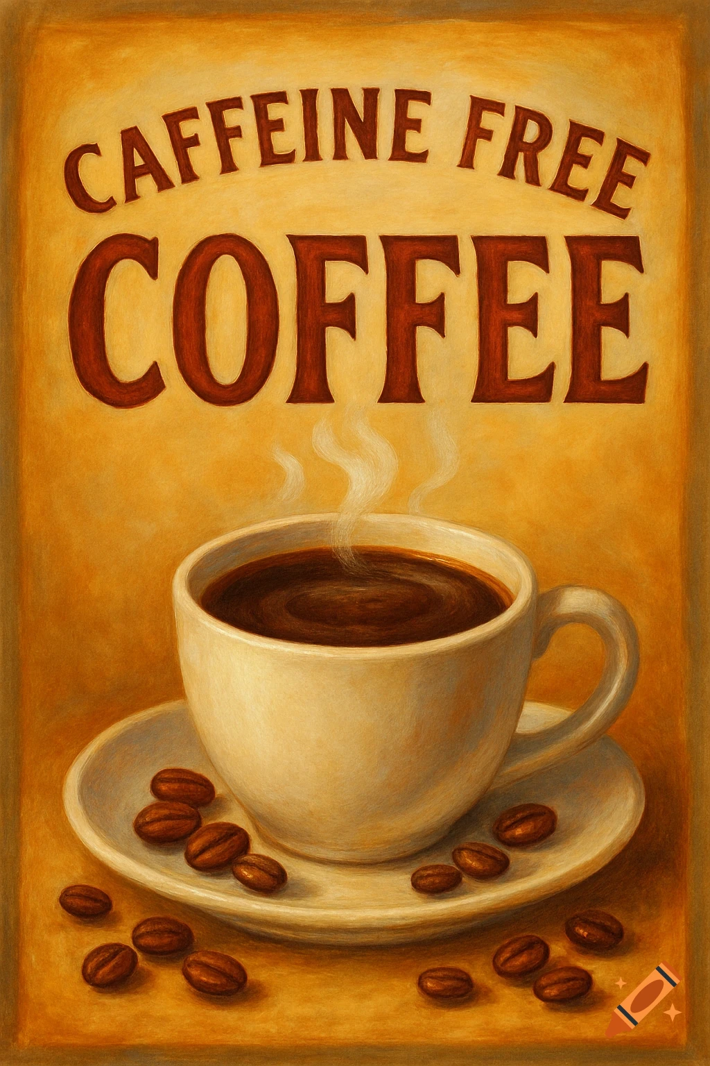 A painting of a steaming cup of coffee and coffee beans, with the text "CAFFEINE FREE COFFEE" at the top.