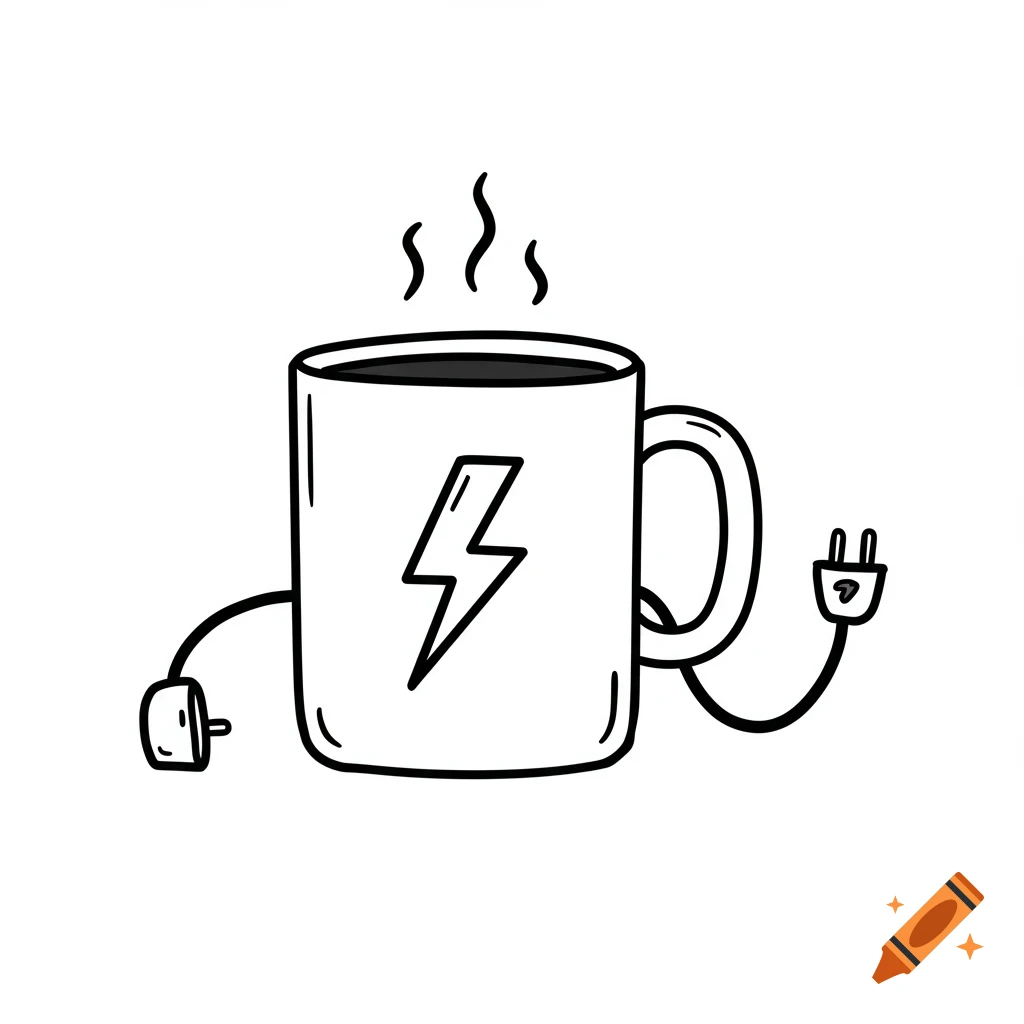 Black and white line drawing of a steaming coffee mug with a lightning bolt and electric plug