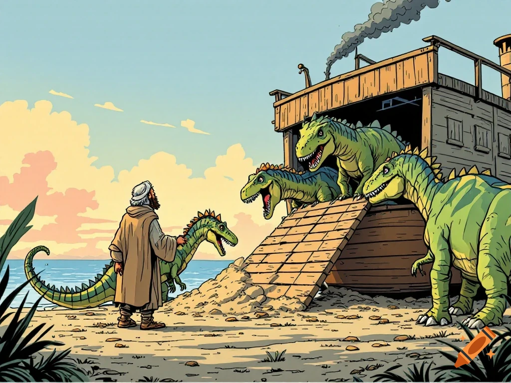 Comic art of Noah loading dinosaurs onto the ark on a beach.