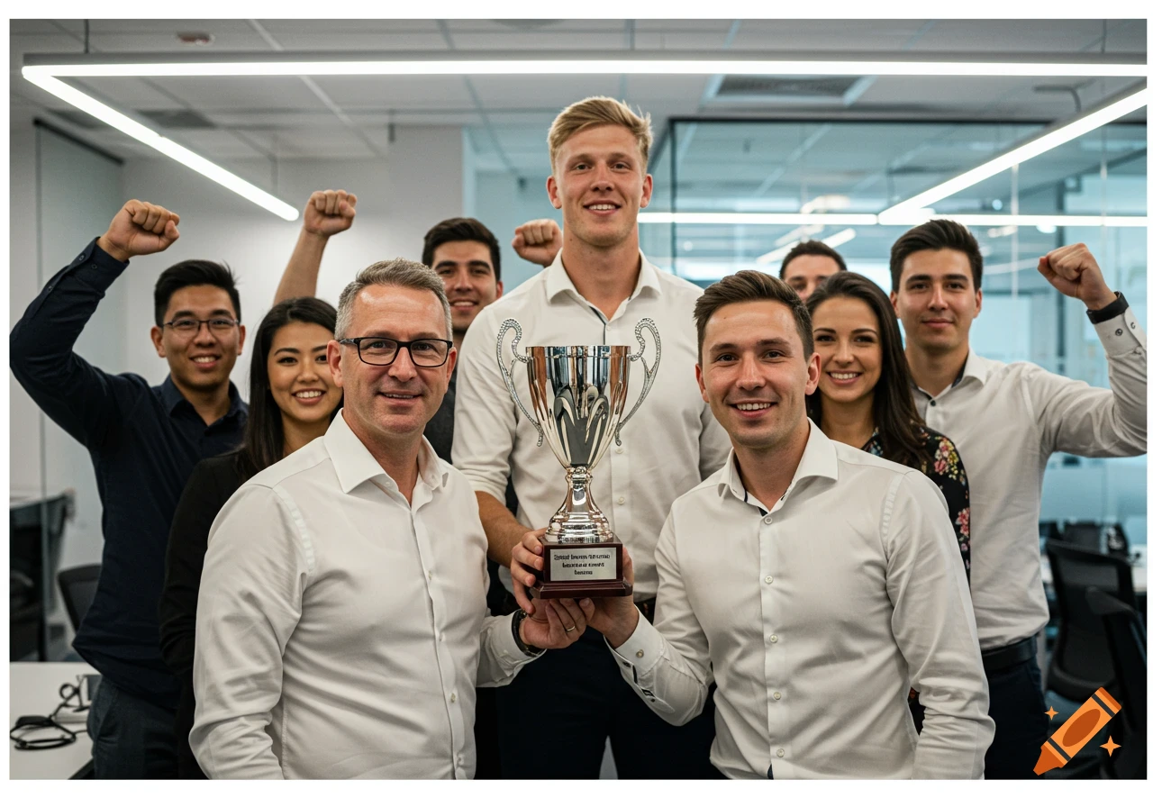 A diverse team in an office celebrates holding a large silver trophy.