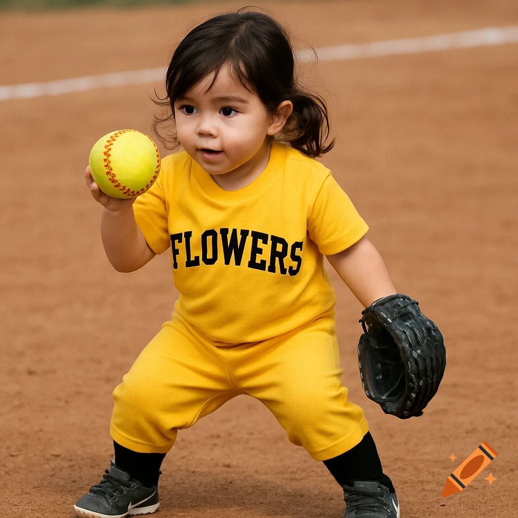 A young child in a yellow softball uniform holding a ball and glove.
