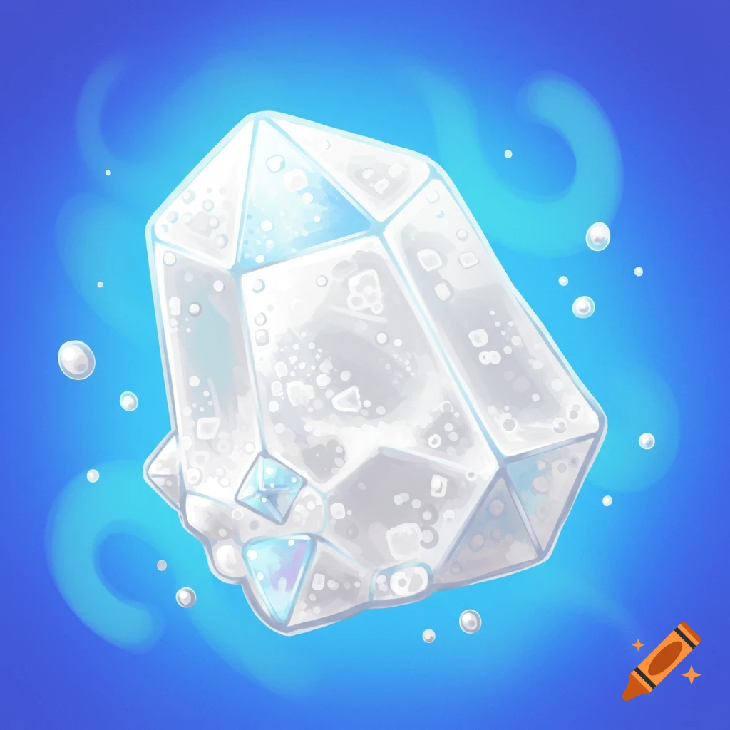 A cartoon crystal on a blue background with bubbles.