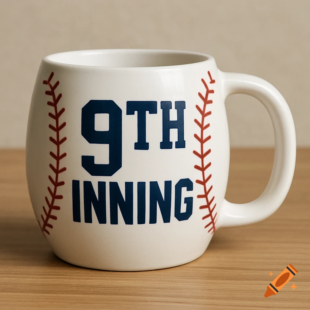 A white mug styled like a baseball with red stitching and the text '9TH INNING' in blue.