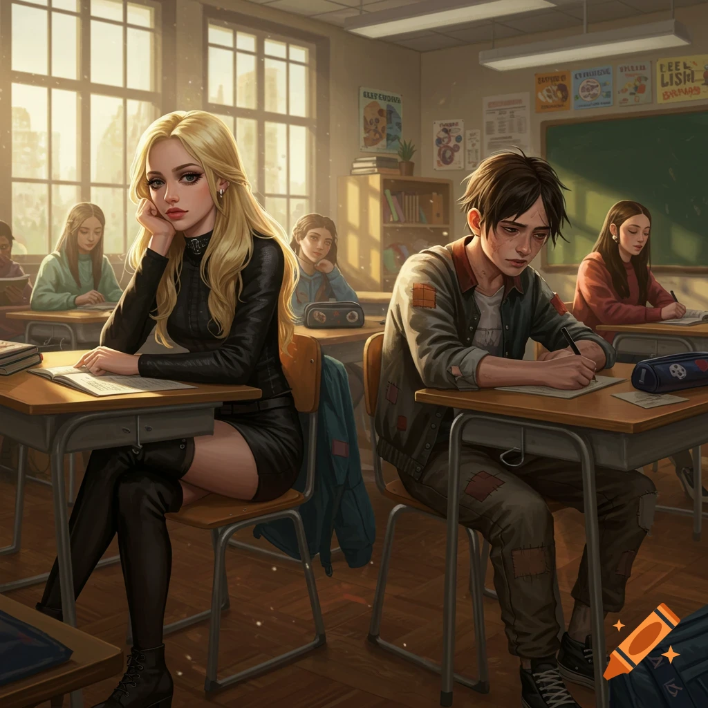 Realistic digital art of a blonde girl in a black dress and a boy in patched clothes sitting at desks in a classroom.