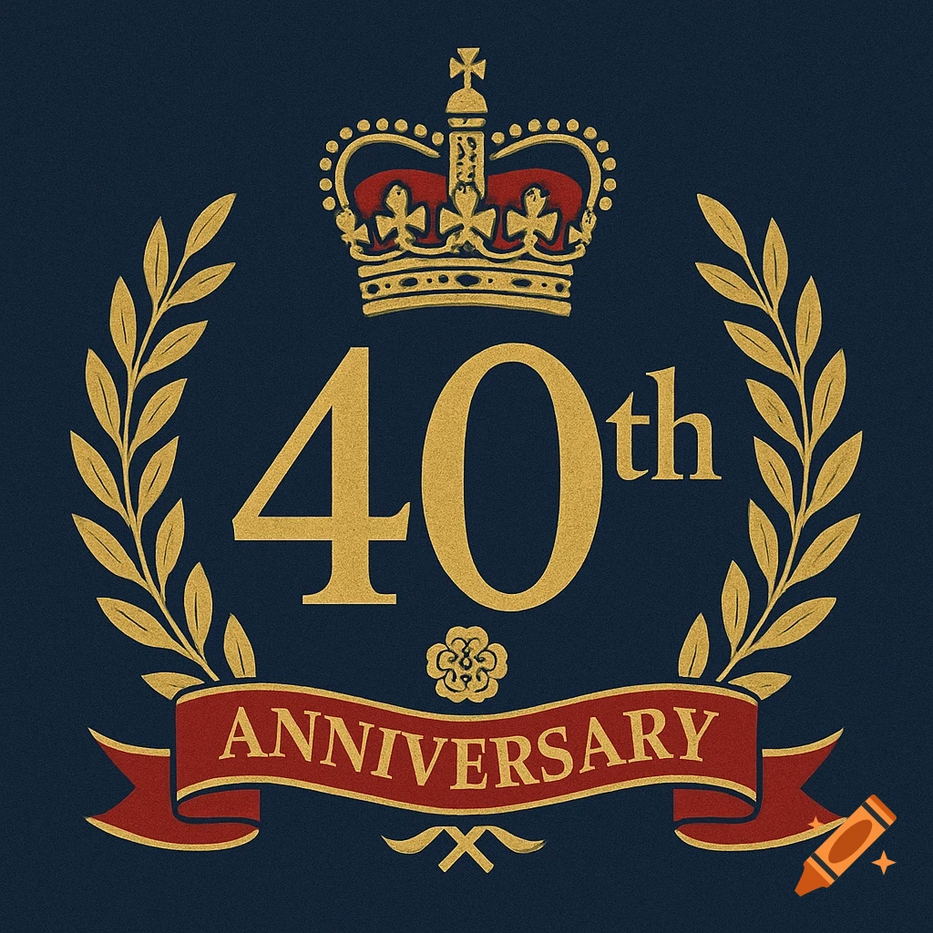 Royal emblem logo for 40th anniversary with crown, laurel wreaths, and banner on a dark blue background.