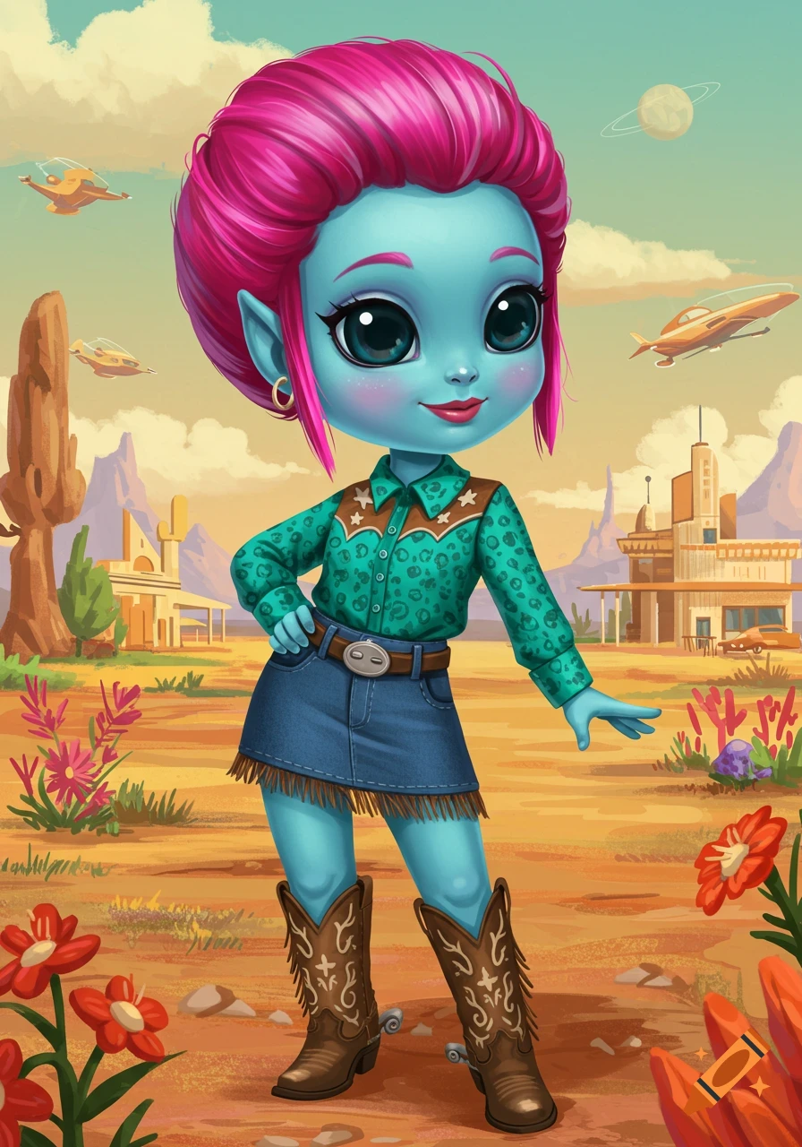 Blue alien girl with pink hair in cowgirl clothes stands in a retro sci-fi desert landscape with spaceships.