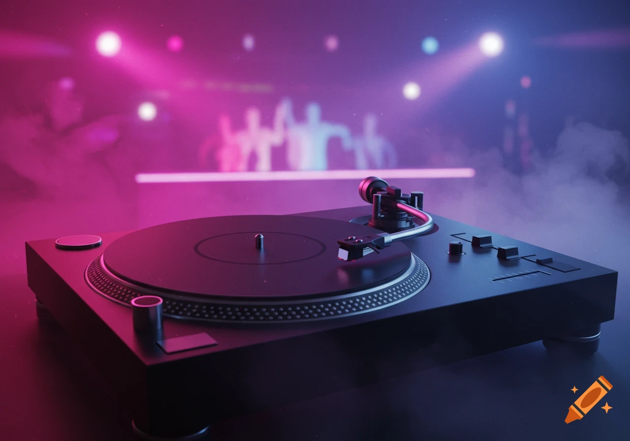 A close-up of a turntable with hazy pink and blue disco lights and blurred figures in the background. Photorealistic 3D rendering.
