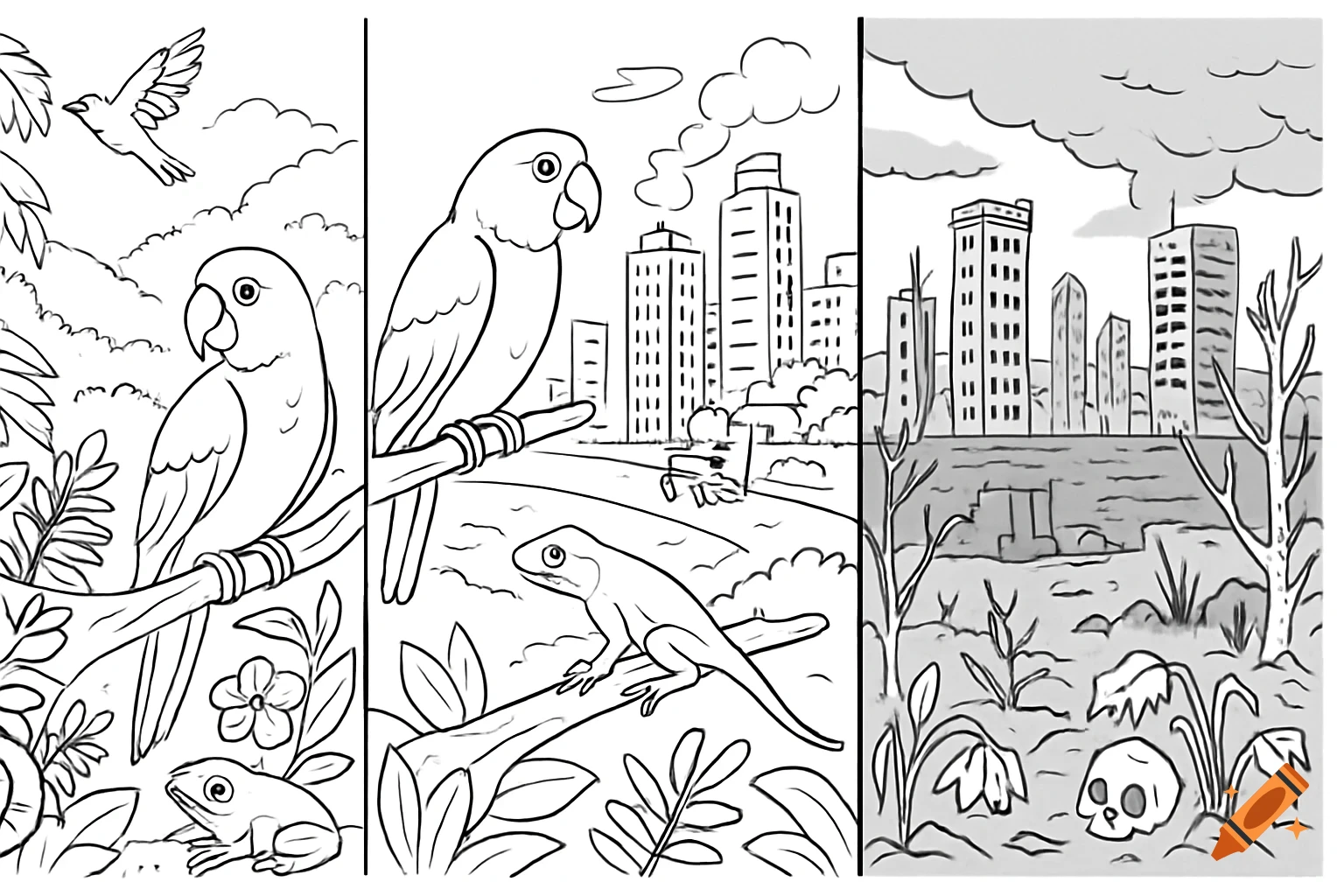 Black and white line drawing in three panels: lush nature, urban with animals, desolate urban decay with skull.