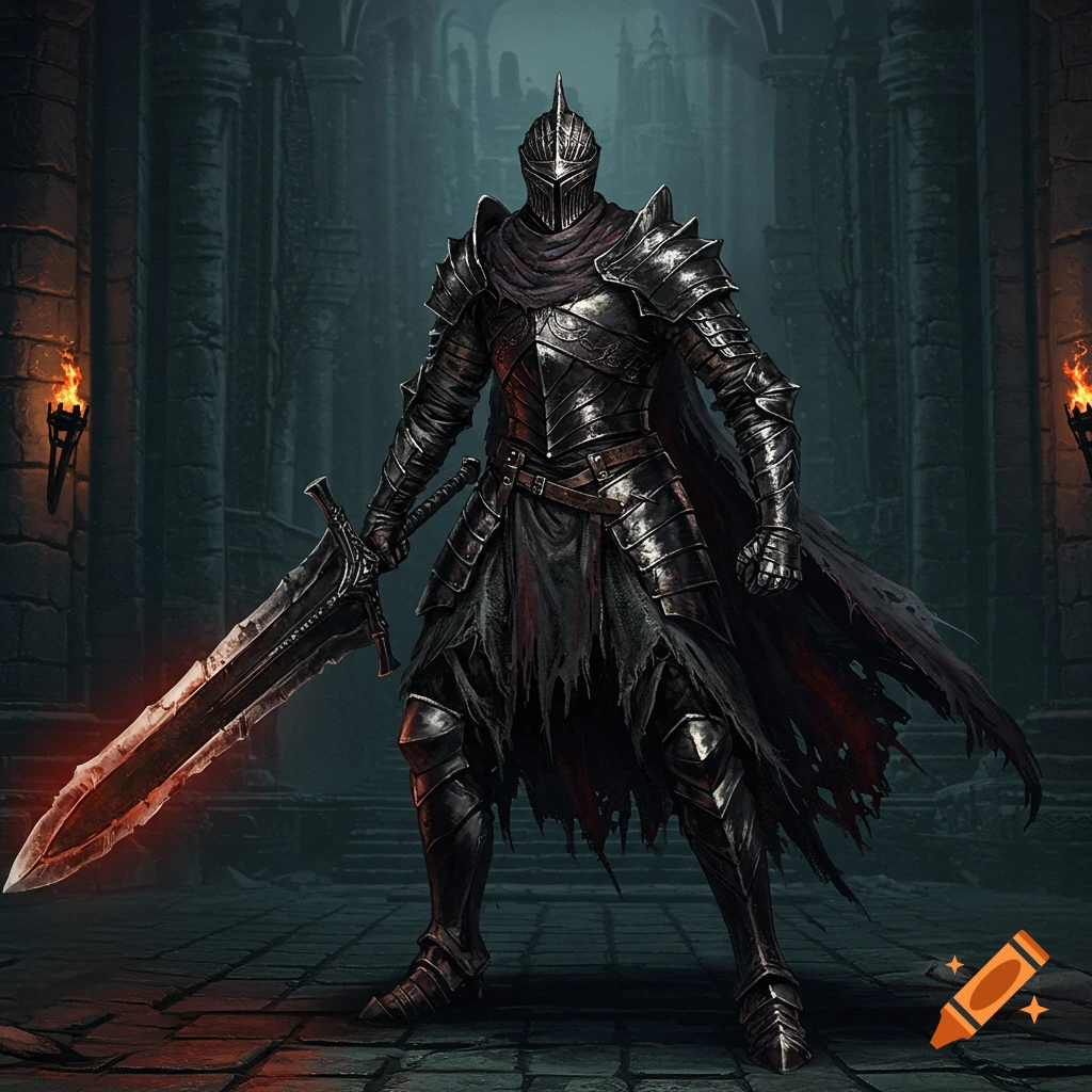 A knight in dark, spiky armor stands in a gothic castle holding a large glowing sword.