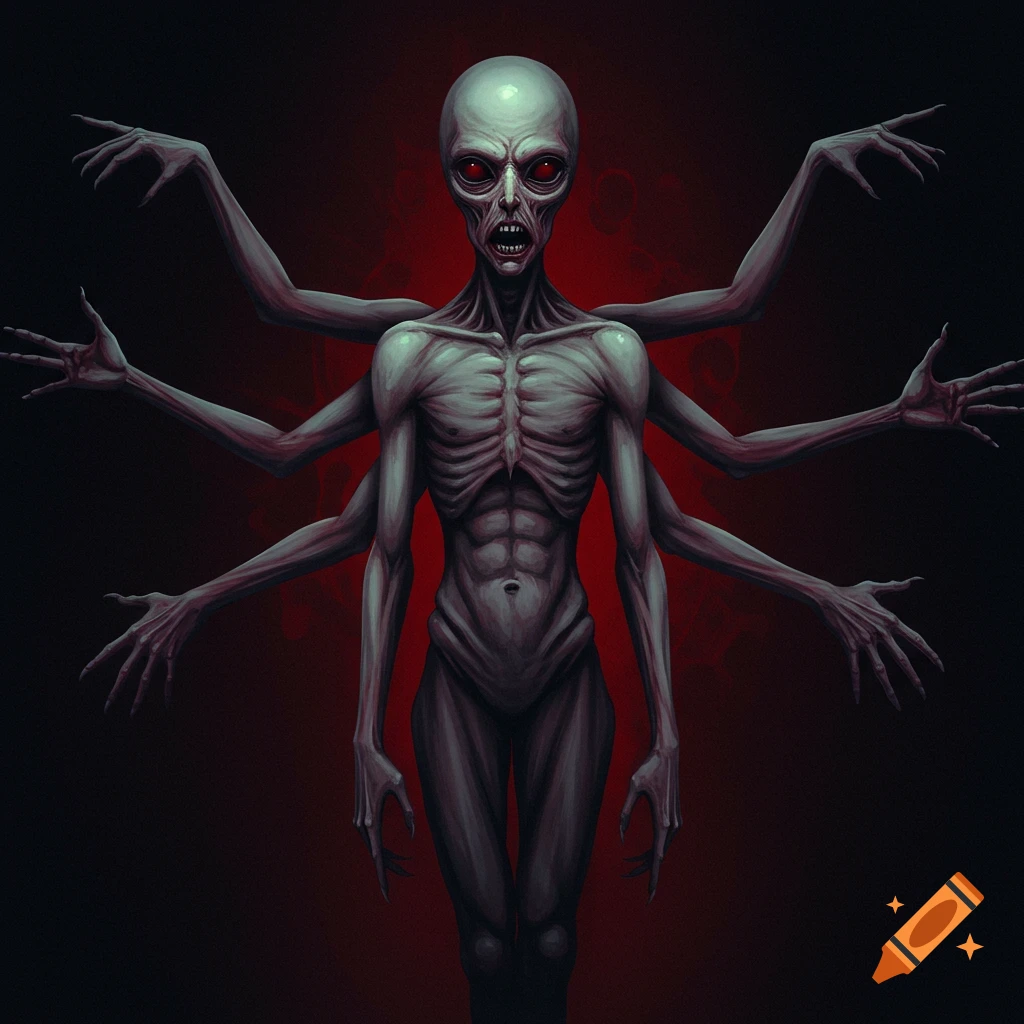 A pale, gaunt humanoid creature with glowing red eyes, multiple arms, and exposed ribs stands on a dark red background.