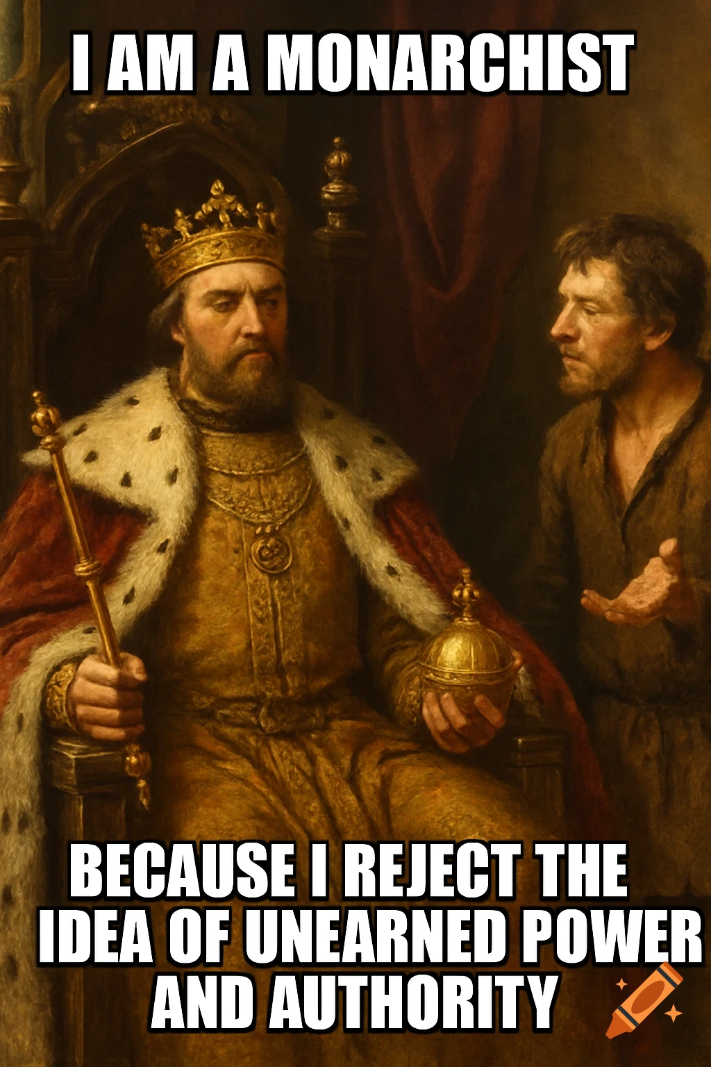 Painting of a king and another person with text overlays.