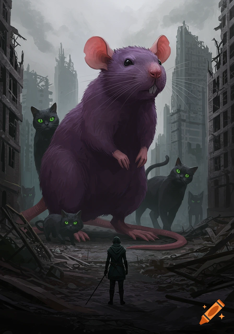 Giant purple rat stands in a ruined city, surrounded by black cats, facing a human figure.