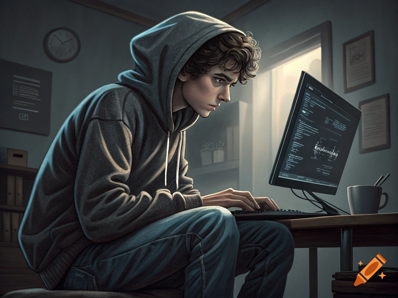 A young man in a grey hoodie coding on a computer in a dimly lit room.