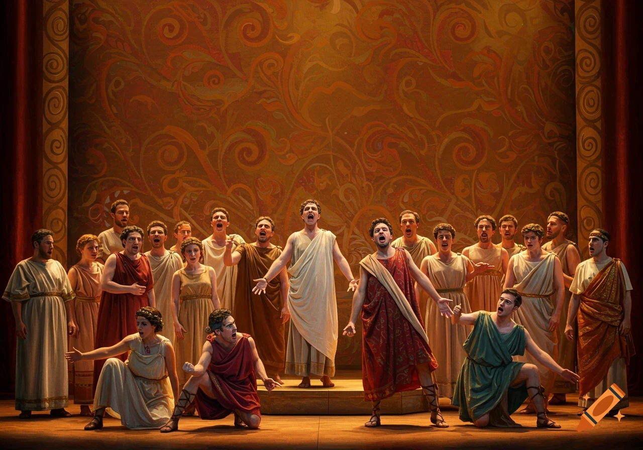 A large group of people in ancient Roman clothing sing on a stage.