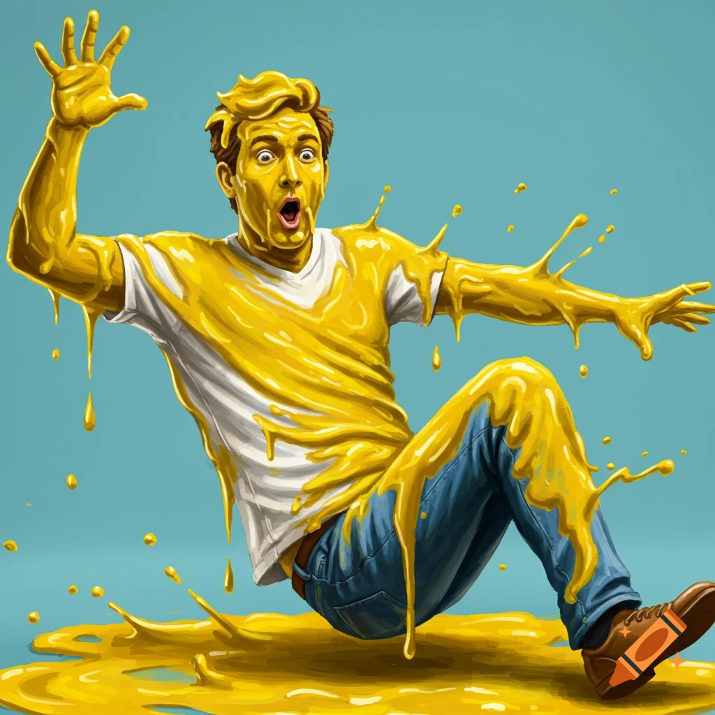 Illustration of a shocked man covered in yellow liquid splattering around him.