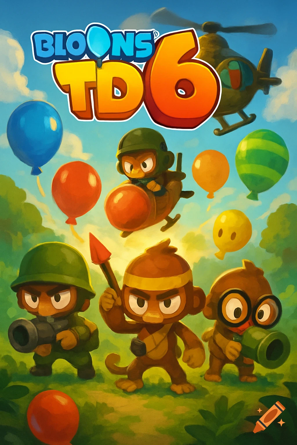 Cartoon monkeys fight balloons with a helicopter in a jungle scene, Bloons TD6 logo