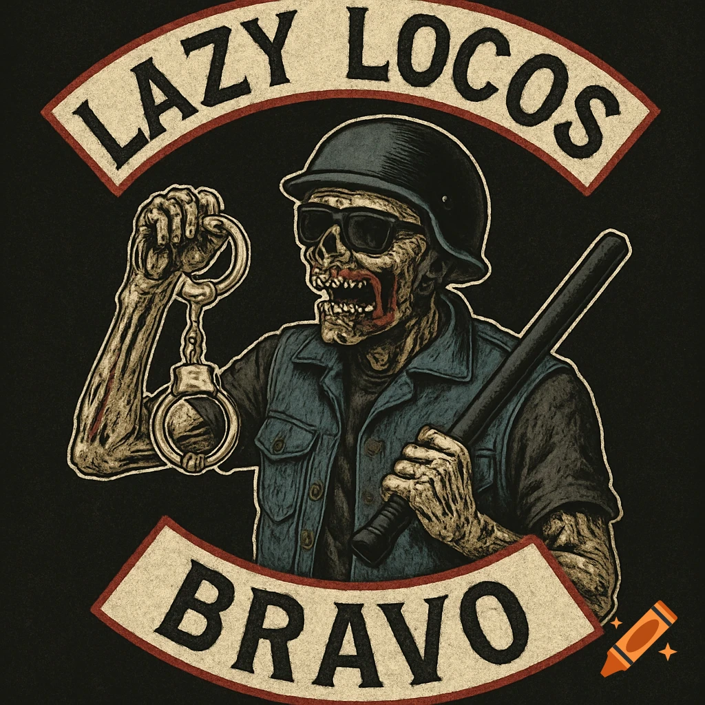 Grunge illustration of a zombie biker holding handcuffs and baton with 'LAZY LOCOS' and 'BRAVO' banners.