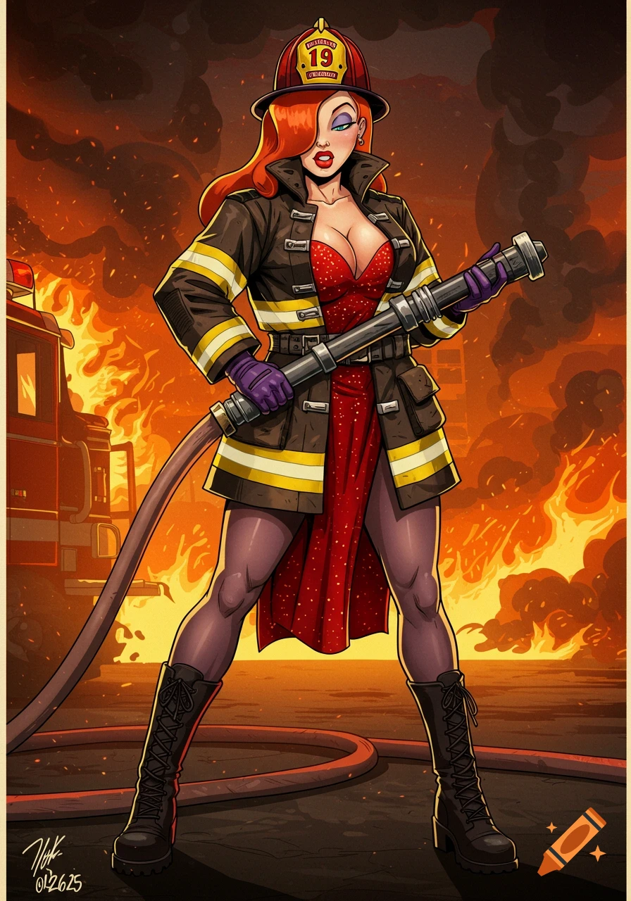Cartoon of Jessica Rabbit in a firefighter jacket and dress, holding a hose, with a fire truck and flames behind her.