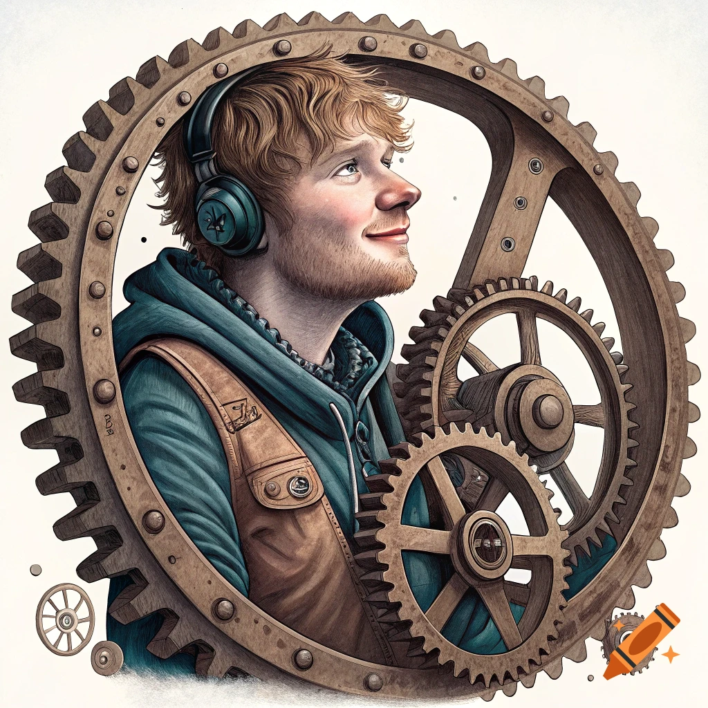 Illustration of a person with red hair wearing headphones and a vest, framed by large wooden gears.