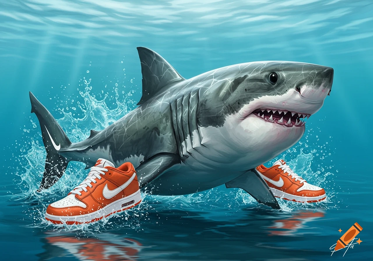 An illustration of a great white shark swimming underwater while wearing orange and white sneakers.