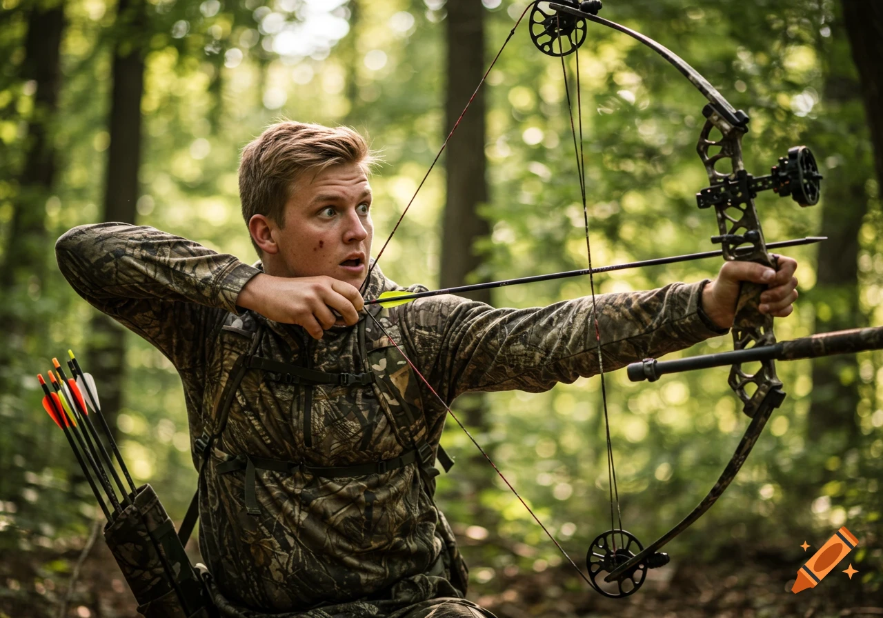 A hunter in camouflage clothing aims a bow and arrow in a forest, looking astonished.