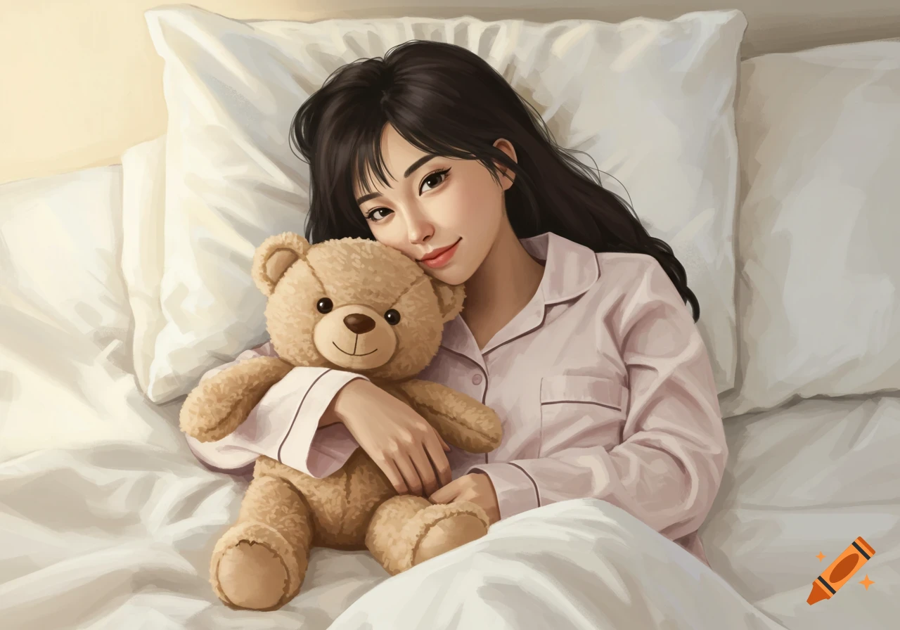 Illustration of a young woman in pink pajamas lying in bed and hugging a teddy bear.
