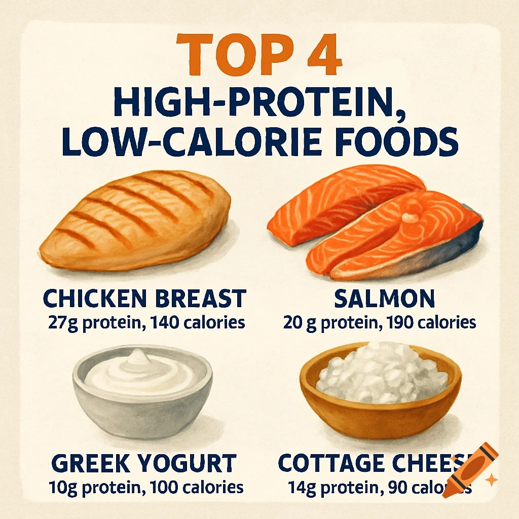 Illustration of top 4 high-protein, low-calorie foods: chicken breast, salmon, Greek yogurt, and cottage cheese with nutrition data.