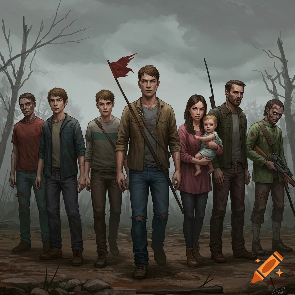 Illustrated group of survivors and zombies in a bleak wasteland.