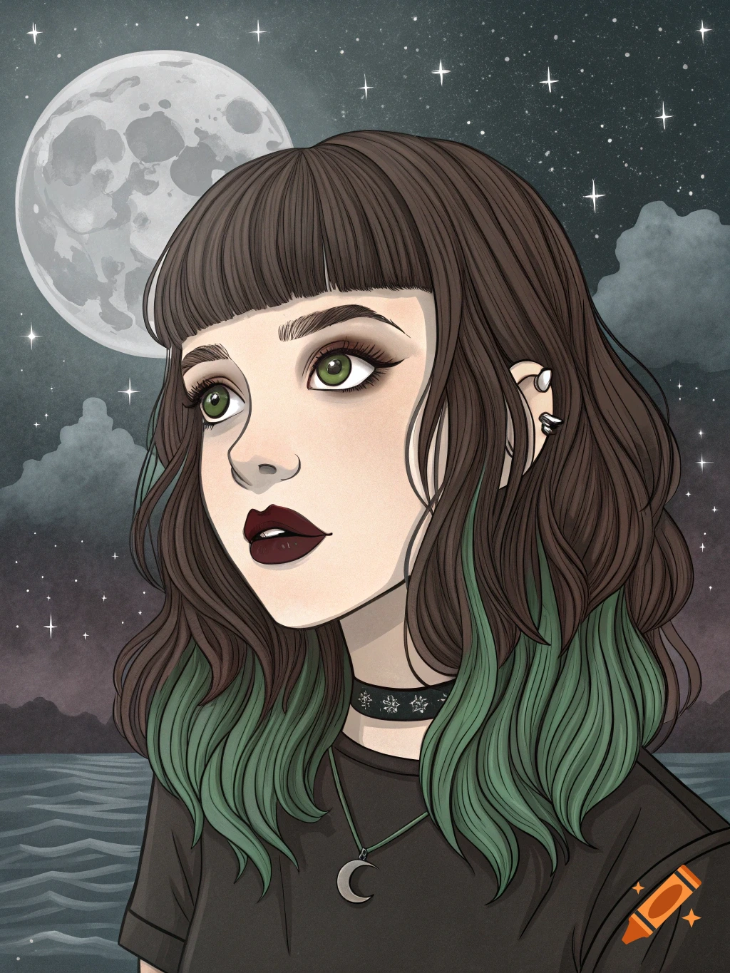 Cartoon portrait of a goth girl with green streaks in her hair, looking up at a large moon in a starry sky.