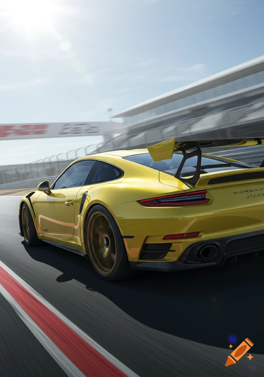 A yellow Porsche 911 GT2 RS drives on a race track.